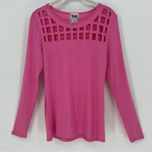 Vocal Top Womens Pink Long Sleeve Cut Out Neckline with Rhinestones Soft Stretch - Picture 4 of 10